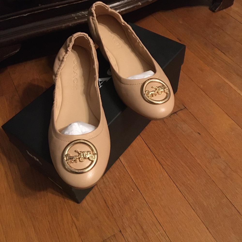 Coach Beige Leather Flats with Gold Emblem